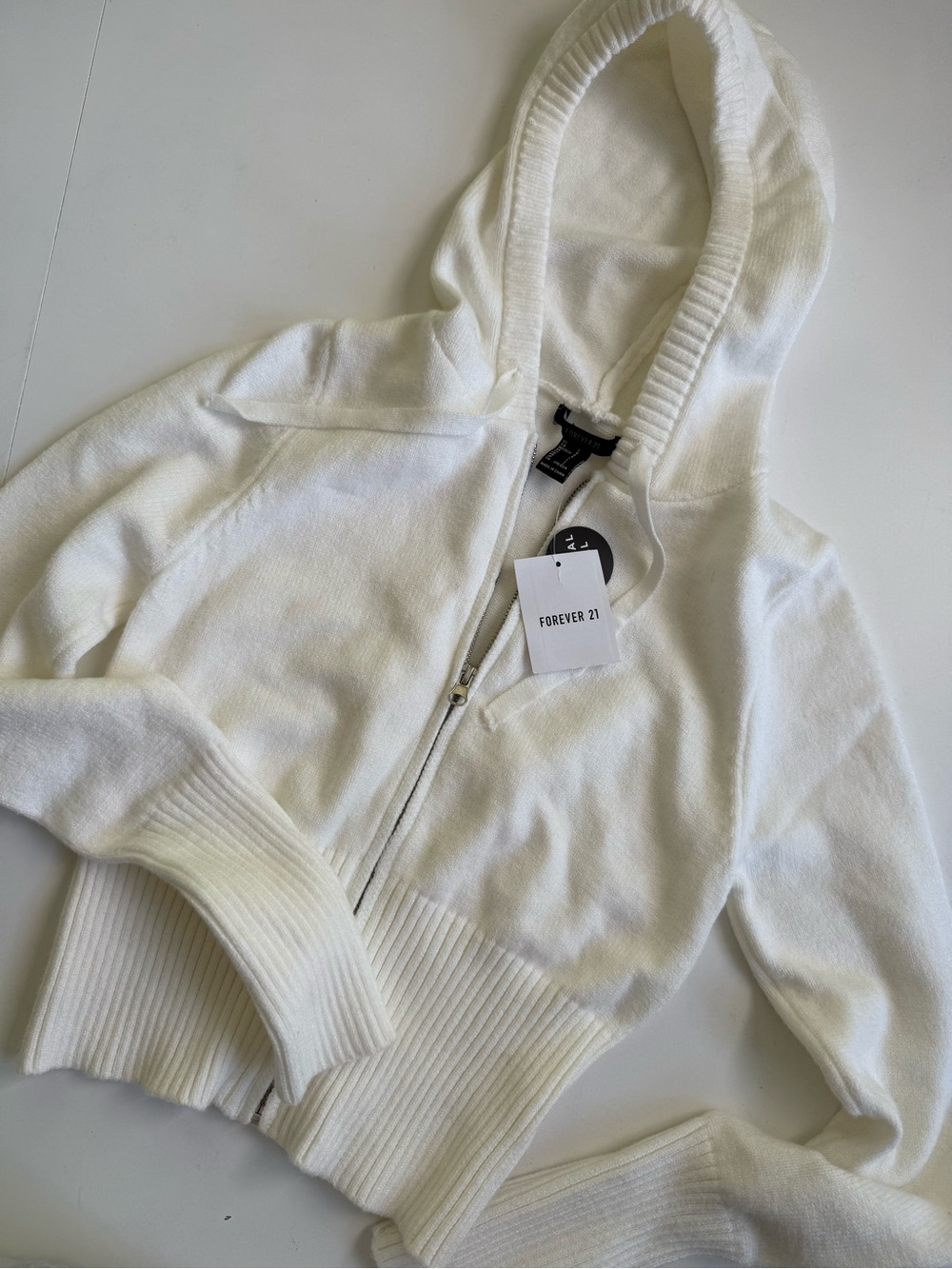 Forever 21 White Knit Zip-Up Hooded Sweater NWT